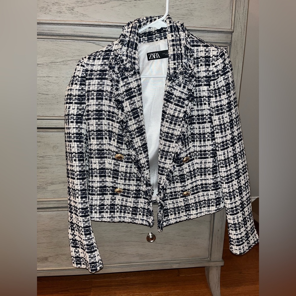 NWT Zara Navy Black and White Tweed Cropped Blazer XS